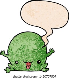 cartoon frog with speech bubble in retro texture style