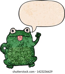 cartoon frog with speech bubble in retro texture style
