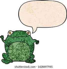 cartoon frog with speech bubble in retro texture style
