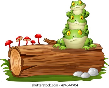 Cartoon Frog Stacked On Tree Log