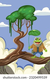 Cartoon Frog Standing on Tree illustration