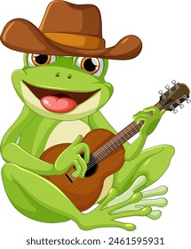 Cartoon frog strumming a guitar, wearing a hat