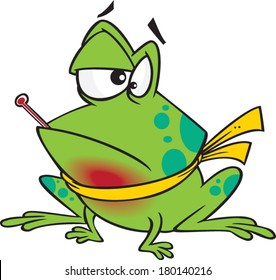 cartoon frog with a thermometer and sore throat