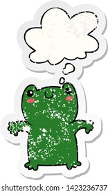 rana de dibujos animados con burbuja de pensamiento como pegatina gastada angustiada