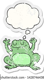 rana de dibujos animados con burbuja de pensamiento como pegatina gastada angustiada