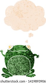 cartoon frog with thought bubble in grunge distressed retro textured style