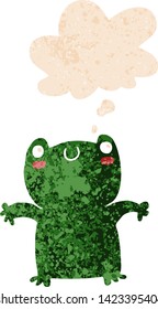 cartoon frog with thought bubble in grunge distressed retro textured style