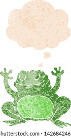 cartoon frog with thought bubble in grunge distressed retro textured style