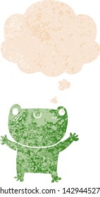 cartoon frog with thought bubble in grunge distressed retro textured style
