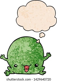 cartoon frog with thought bubble in grunge texture style