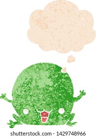 cartoon frog with thought bubble in grunge distressed retro textured style