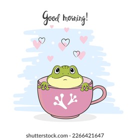 Cartoon frog vector illustration. Green toad in cup