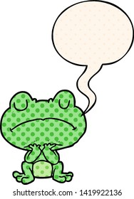 cartoon frog waiting patiently with speech bubble in comic book style