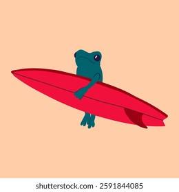 Cartoon frog walking and holding a surfboard, ready for an exciting surfing adventure at the beach