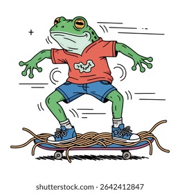 A cartoon frog, wearing casual clothes, is skateboarding on a board covered in spaghetti.  The frog appears to be moving at speed.
