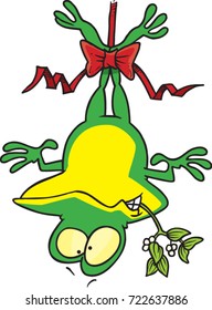 cartoon frog who is hung upside down with a bow and mistletoe in his mouth (mistletoad)