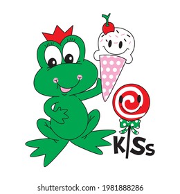 cartoon frog who loves ice cream and candy - vector illustration