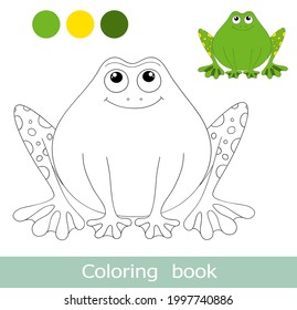 Cartoon frogs coloring book page with colorful template. Vector animal characters  isolated on white. Frog isolated contour. For coloring book page. Cartoon kids animals coloring book.