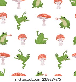 Cartoon frogs and fly agarics seamless pattern.Colorful background  with amphibians and mushrooms.Natural print on fabric and paper.Wild animals endless wallpaper.Vector flat illustration on white.