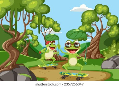 Cartoon Frogs in the Forest illustration