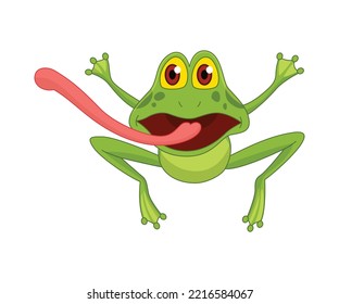 Cartoon frogs Funny cartoon frog. Little amphibia character jumping on white background. Adorable froggy shows tongue svg