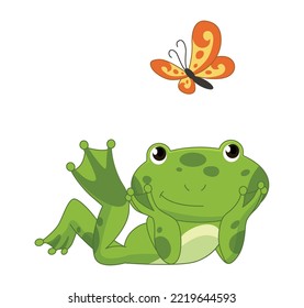 Cartoon frogs Funny cartoon frog. Little amphibia character lying and smiling on white background. Adorable froggy watching the butterfly