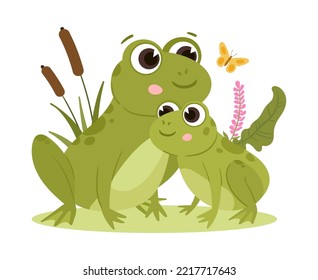 Cartoon frogs, green amphibian mom and baby. Cute froggy in natural habitat, water animals with pond reeds flat vector illustrations. Green frogs family