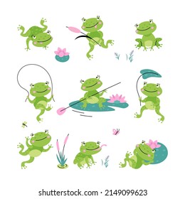 Cartoon frogs. Green cute frogs, lake or pond nature and animal. Isolated funny toad, baby froggy relax and play. Jumping amphibian nowaday vector set