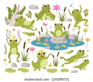 Cartoon frogs, green toads, amphibian tadpoles in natural habitat. Cute froggy in various poses, water animals with pond flat vector illustrations set. Green frogs bundle
