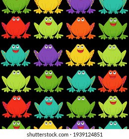 Cartoon frogs pattern. Vector amphibian animal characters print. Cute  funny froggy background. Different color frog fabric texture. Red, violet, yellow, blue, green croaking animals. Hand drawn.
