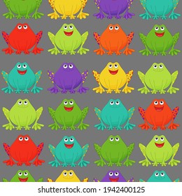 Cartoon frogs pattern. Vector amphibian animal characters print. Cute froggy texture. Different color frog fabric texture. Red, violet, yellow, blue, green croaking animals. Hand drawn little frogs.
