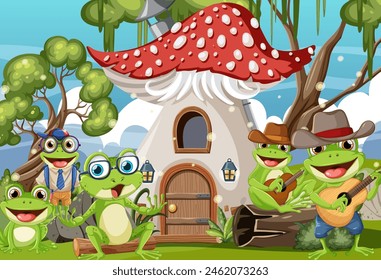 Cartoon frogs playing music and enjoying outdoors