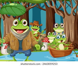 Cartoon frogs playing music and having fun outdoors