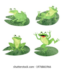 Cartoon frogs sitting on lily pads. Vector watercolor  green toads illustration. svg