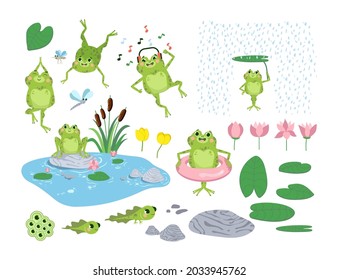 Cartoon frogs and tadpoles flat vector illustrations set. Cute green toads jumping, listening to music, pond, rocks, leaves and flowers isolated on white background. Nature, wildlife, animals concept