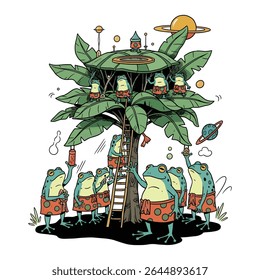Cartoon frogs in a whimsical treehouse setting with planets and space elements.