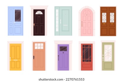 Cartoon front different doors, retro facade door elements. Home apartments entrance decor with glass windows. Flat house entry racy vector set