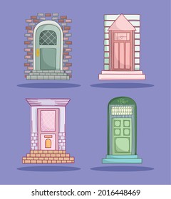 conjunto de iconos de las puertas delanteras de dibujos animados