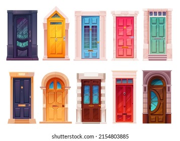 Cartoon front doors with marble stone doorway, house entrance facade interior doors. Vector wooden exterior gates with rocky doorjambs and glass. Entry to luxury hotel, townhouse cottage or mansion