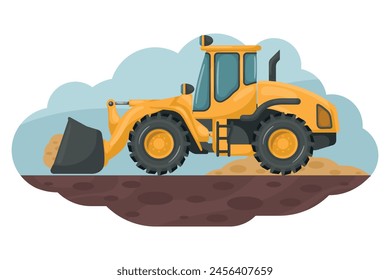 Cartoon of front loader loading sand. Heavy machinery used in the construction and mining industry