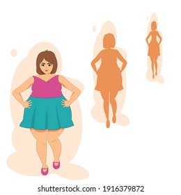 Caricatura en la parte delantera de la linda mujer gorda con camisa rosa sin mangas y falda corta verde. Parada a una forma delgada en una silueta marrón de 3 pasos.Concepto de diseño plano de ilustración vectorial para saludable.