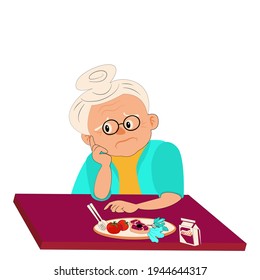 Cartoon front view of alone grandma   sitting at table,bored with food. Old woman has Anorexia-cachexia syndrome.Elderly man  with healthy foods  . Vector flat design idea concept for Loss of Appetite