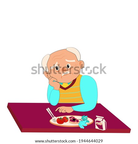 Cartoon front view of alone grandpa  sitting at table, bored with food. Old man has Anorexia-cachexia syndrome.Elderly man  with healthy  foods  . Vector flat design idea concept for Loss of Appetite
