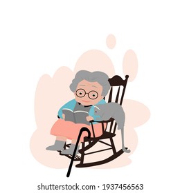 Cartoon front view of cute grandmother sitting on rocking chair ,reading a book   with grey cat. old fat woman in colorful clothes with magic cane and glasses. Vector illustration isolate flat design