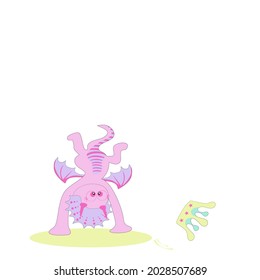 Cartoon front view of pink girl dinosaur standing with two front arms there was a crown beside her.Cute princess Dino on white background. Vector flat design for greeting card,posters or kids T-shirt 