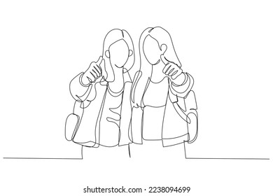 Cartoon of front view portrait of two friends with thumbs up and looking to the camera in university. One continuous line art style