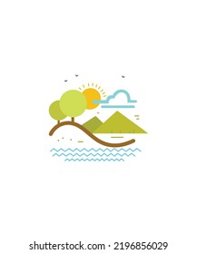 Cartoon Front Blick Flusslandschaft mit grünen Bäumen und Sonne. Sommerlandschaft mit Wald und Wasser Vektorgrafik. Flussufer mit Pflanzen-Szene.