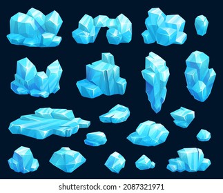 Cartoon frozen ice crystals and icicles, vector snow blocks and icebergs, magic stones game asset. Cold winter glaciers, blue pieces of floe, icy water and berg with shining surface isolated set