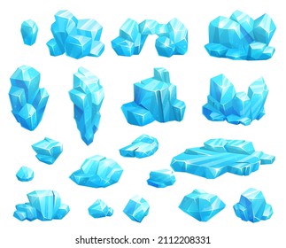 Cartoon frozen ice crystals and icicles, blocks and icebergs, magic stones game asset. Vector blue iced floes, salt mineral or cave stalagmites. Cap snowdrifts winter elements, ice crystal glass set
