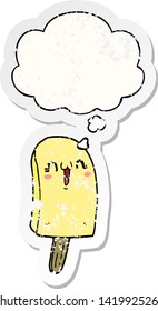 cartoon frozen ice lolly with thought bubble as a distressed worn sticker